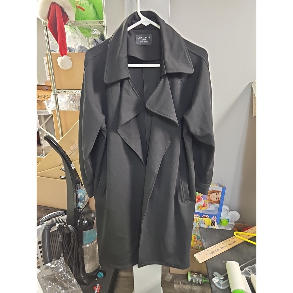 Love Tree Coat Womens Black open Front  Long Jacket Warm Polyester No Belt Sz L